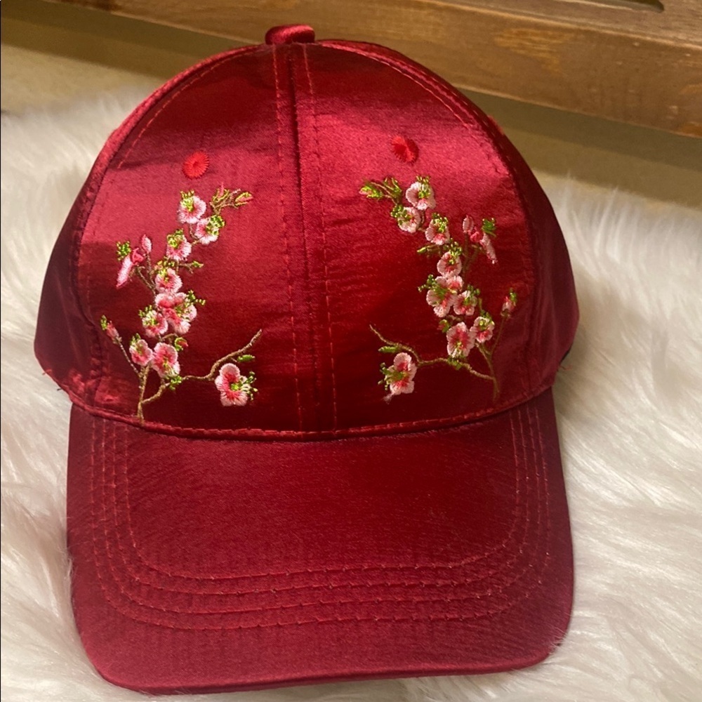 Embroidered cherry blossoms Red Floral Cap